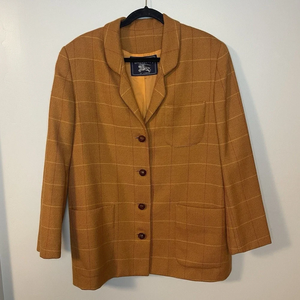 Vintage BURBERRYS of London Woman Size 12 Blazer‎ 90s Wool Leather Button Plaid